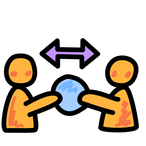 an image with thick black line art shows two yellow figures holding a blue ball between them, a double sided purple arrow points sits above the ball pointing at the figures.
